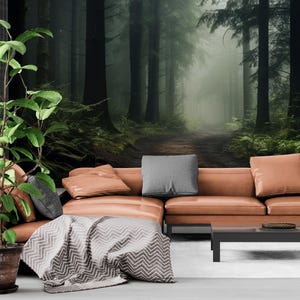 Foggy forest dark wallpaper peel and stick Woodland mural decal Trees wallpaper adhesive Wall mural enchanted forest Magical forest mural