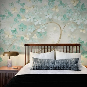 Sakura blossoms tree wallpaper Asia large flower bloom wallpaper peel and stick custom mural vinyl Japanese blue gold wallpaper chinoiserie