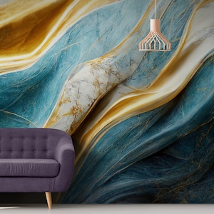 Abstrakte Tapete per schälen und aufkleben Jugendstil Tapete Vinyl Art Deco Leinwand Wandbild Temporäre Tapete Blau Gelb Akzent Tapete