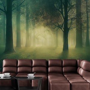 Foggy forest wallpaper peel and stick Woodland mural decal Trees dark wallpaper vinyl Wall mural enchanted forest Magical forest mural