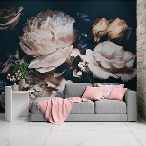 Peony wallpaper peel and stick Floral temporary wall mural Dark wallpaper mural self adhesive Removable custom wallpaper to bedroom Vinyl
