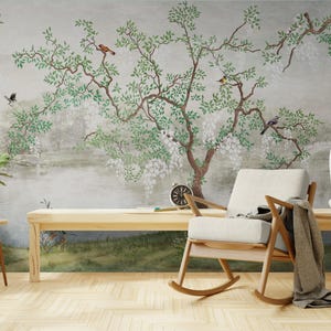 Asia wallpaper peel and stick Sakura blossoms tree wallpaper vinyl Custom wall mural Japanese crane wallpaper chinoiserie large wall decals