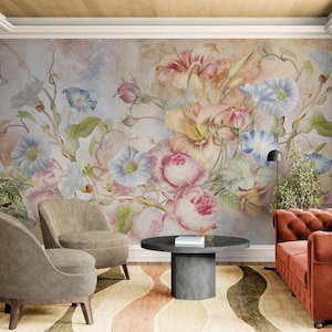 Floral wall mural Colorful flowers wallpaper Wildflowers wallpaper self adhesive Botanical peel stick wallpaper Removable wallpaper bedroom
