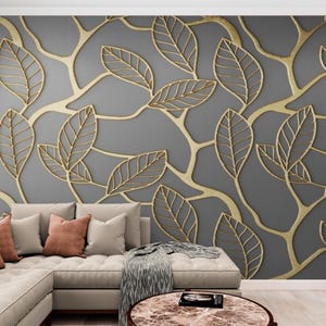 Carta da parati elegante Carta da parati oro e grigio Vinile murale astratto Grandi foglie stacca e attacca murale Carta da parati personalizzata rimovibile