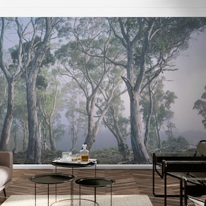 Magical forest mural Foggy forest wallpaper peel and stick Woodland mural decal Trees nature wallpaper canvas Wall mural enchanted forest