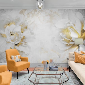 Peony wallpaper Gold white wall mural Floral peel and stick wall mural Big flowers wallpaper self adhesive Botanical removable wallpaper