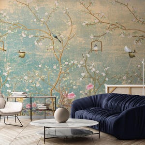 Chinoiserie wallpaper peel and stick Asiaasia large flower bloom wallpaper Sakura blossoms tree wallpaper vinyl Custom Japanese wall mural