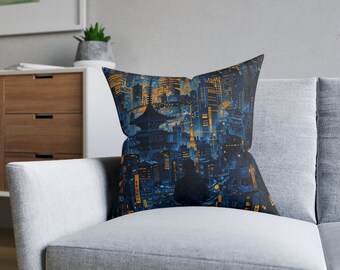 Tokyo Twilight: Blue and Gold Pillow