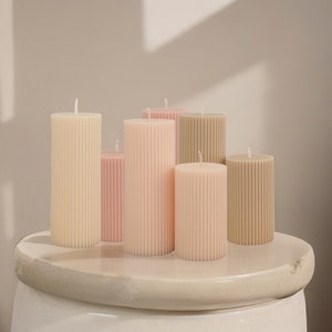 Dinner Pillar Candle For Aesthetic Home Decor, Cute Ribbed Pillar Candle For Formal Room Decor, Candles With Geometric Art, Handmade Gift