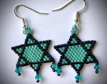 Free shipping, Star of David, Seed Bead Earrings,Judaica Jewelry,Magen David Earrings,Israeli Jewelry,handmade Turquoise earrings,Swarovski