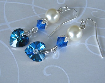 Dear Me.Swarovski Crystal Bermuda Blue Heart And Pearl Dangle Drop Earrings,Bridal and Bridesmaids earrings Gift For Her Bridal Gift Wedding