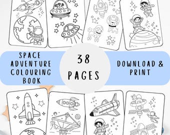 May include: A black and white coloring book with 38 pages featuring space-themed illustrations. The cover shows a rocket, a spaceship, an astronaut, and a planet. The title of the book is "Space Adventure Coloring Book".