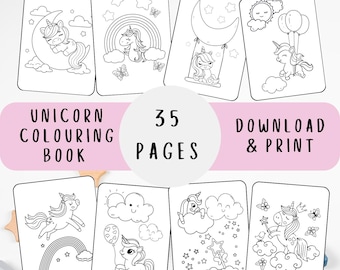 May include: A printable coloring book featuring 35 pages of unicorn illustrations. The book includes images of unicorns sleeping on a crescent moon, riding a rainbow, flying with balloons, and more. The text "Unicorn Coloring Book", "35 Pages", and "Download & Print" is included on the cover.