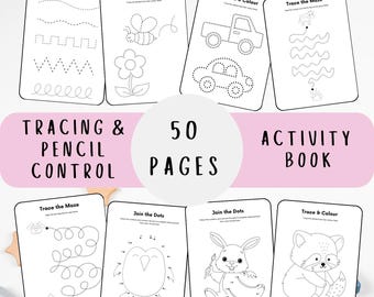 Puede incluir: Un conjunto de 50 páginas de actividades imprimibles para niños. Las páginas presentan trazos de líneas, trazos de laberintos, unir los puntos y trazar y colorear imágenes. Las páginas están diseñadas para ayudar a los niños a desarrollar sus habilidades motoras finas y el control del lápiz. El título del libro es "Tracing & Pencil Control" y "50 Pages Activity Book".