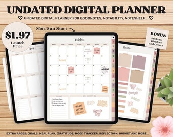 Undated Goodnotes Planner, Monthly Digital Planner, Goodnotes Template, iPad Planner, Digital Journal Pdf, Goodnotes Stickers Boho, Simple