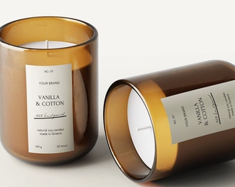 May include: Two amber glass candle jars with white labels that read "Vanilla & Cotton" and "Your Brand".