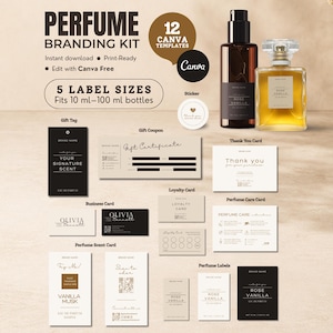 Op de afbeelding: Een parfum branding kit met 12 Canva-sjablonen, inclusief cadeaulabels, kortingsbonnen, visitekaartjes, klantenkaarten, verzorgingskaarten, geurkaarten en labels. Tekst voor 5 labelmaten voor flessen van 10 ml tot 100 ml.