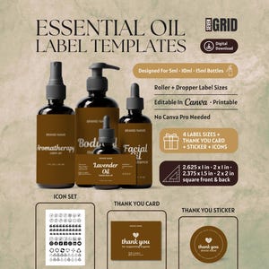 May include: A digital download set of essential oil label templates featuring four dark brown bottles with labels, a thank you card, a sticker, and an icon set. Text includes Essential Oil Label Templates, 2.625 x 1 in, 2 x 1 in, 2.375 x 1.5 in, and 2 x 2 in.