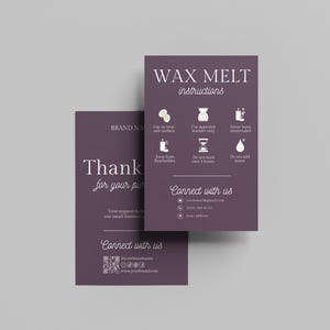 May include: Two purple cards with white text. One card reads "WAX MELT instructions" with icons. The other card says "Thank you for your purchase" and "Connect with us".