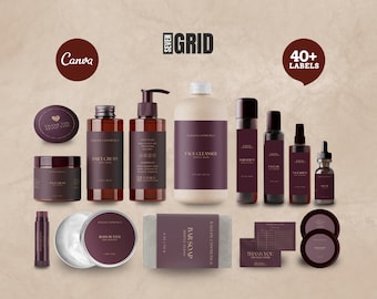 May include: A collection of skincare products in dark brown bottles and jars with purple labels. The products include face cleanser, daily cream, serum, and body butter. The image also includes a bar of soap and lip balm.