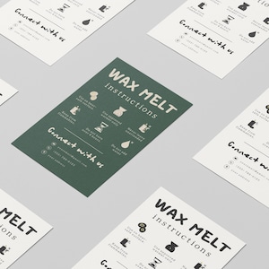 Puede incluir: Un conjunto de tarjetas de instrucciones para derretir cera, con una tarjeta verde con texto e ilustraciones en blanco, rodeada de tarjetas blancas. Las tarjetas muestran instrucciones e información de contacto, con las palabras "WAX MELT instructions" en un lugar destacado.