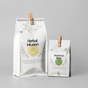 Printable Tea Bag Labels Canva – Custom Tea Packaging Templates for Pouches with Steeping Insert & Round Sticker – Herbal Label Bundle