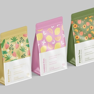 3 plantillas editables de etiquetas para té de frutas de verano con tarjetas de preparación y pegatinas de sellado a juego: descarga instantánea para empaquetar tu té tú mismo.