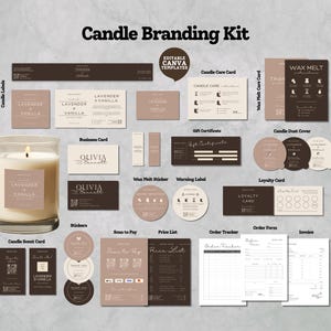 May include: A candle branding kit with various marketing materials. Includes candle labels, business cards, care cards, gift certificates, wax melt cards, dust covers, stickers, and order forms. The kit features a candle with a "Lavender & Vanilla" label.