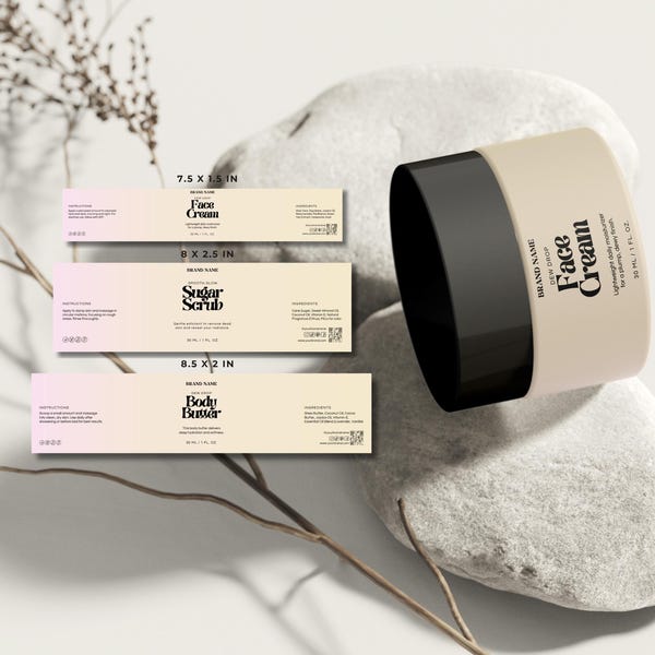 Face Cream Label Canva, Cosmetic Jar Label Template, Skincare Jar Label, 3 Wrap Around Sizes