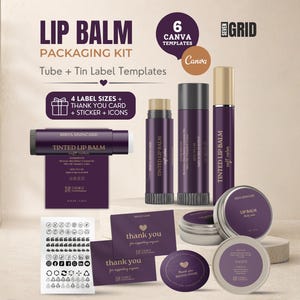 May include: A lip balm packaging kit featuring purple tube and tin label templates, thank you cards, and sticker icons. The text reads Lip Balm Packaging Kit, 6 Canva Templates, 4 Label Sizes, and Thank You Card. Includes various lip balm containers.