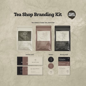 May include: A tea shop branding kit featuring tea labels, business cards, stickers, and a brewing guide. The tea labels come in three sizes and include Chamomile Tea, Peppermint Tea, and Herbal Tea. The kit includes editable Canva templates.