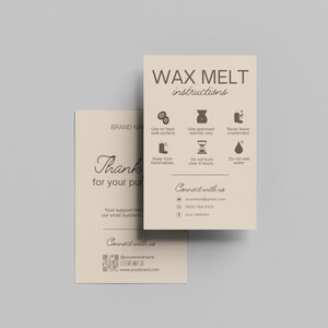 May include: Two beige cards with text and icons. One card reads "WAX MELT instructions" and includes usage instructions. The other card says "Thank you for your purchase" and includes contact information and social media links.