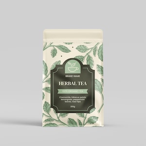 2 Botanical Tea Label Templates Canva | Editable Tea Pouch Stickers for Herbal Blends | Plant Pattern Tea Packaging Design