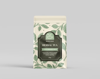 Szablony etykiet na herbatę ziołową botaniczną Canva | Naklejki na torebki inspirowane naturą dla marek wellness, edytowalne szablony opakowań