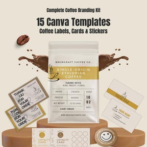 Op de afbeelding: Een complete koffie branding kit met 15 Canva sjablonen, inclusief koffielabels, kaarten en stickers. De kit bevat een koffiezakje met "Single-Origin Ethiopian Coffee" en smaaknotities. Ook inbegrepen zijn loyaliteitskaarten, visitekaartjes en stickers.