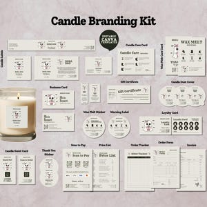 Può includere: Un kit di branding per candele con modelli modificabili tra cui etichette, biglietti da visita, schede di cura, buoni regalo, coperture antipolvere, carte fedeltà e moduli d'ordine, decorati con un fantasma che beve boba tea.