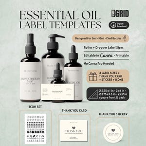 Può includere: Modelli di etichette per oli essenziali con quattro flaconi in vetro ambrato con tappi neri, inclusi spray, pompa e contagocce. Include biglietto di ringraziamento, adesivo e set di icone. Testo: 'Essential Oil Label Templates', 'Designed For 5ml, 10ml, 15ml Bottles', dimensioni 6,67 cm x 2,54 cm, 5,08 x 2,54 cm, 6,03 x 3,81 cm, 5,08 x 5,08 cm.