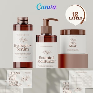 Peut inclure: Un ensemble de produits de soin de la peau avec trois flacons et pots en verre brun avec des étiquettes blanches. Les étiquettes indiquent "Hydraglow Serum", "Botanical Moisturizer" et "Clay Mask". Deux cartes avec le texte "Thank You For Your Order" sont également visibles.
