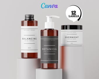 Könnte beinhalten: Drei braune Kosmetikflaschen und -gläser mit weißen Etiketten und schwarzem Text. Auf den Etiketten steht "Balancing Skin Toner", "Botanical Gel Cleanser" und "Overnight Repair Mask". Das Bild enthält auch eine Grafik "12 Labels".