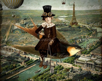 Steampunk Flight Digital Collage Greeting Card (Suitable for Framing)