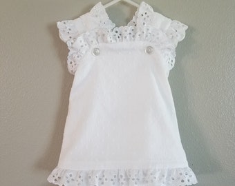 Baby girl's white Swiss Dots sundress, criss-cross shoulders,  eyelet lace,  with matching diaper cover, size 6 months