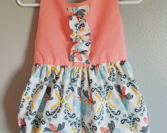 Girl's bubble romper,  18-24months, ready to ship,  coral and bee print