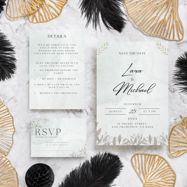Botanical Wedding Invitation Design, Printable Marriage Invitation, Verdant Invite, Green and White Invite, Blossom Garland, printable card