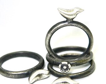 Bird and Cactus Flower Stacking Rings in Sterling Silver 925 - Custom Sizes