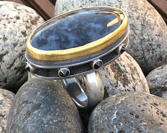 Hover Ring w/Moss Agate & Black Spinels in Textured Sterling Silver/24kt Solid Gold Bezel