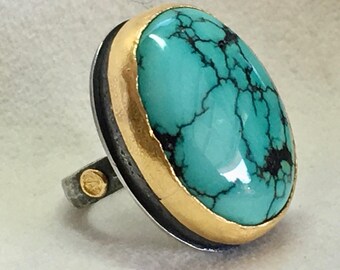 Turquoise Statement Ring in Textured 24k Gold & Black Sterling Silver