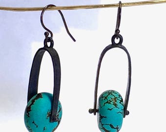 Recycled Sterling Silver Textured & Blackened Stirrup Earrings with Vintage Turquoise Rondelles