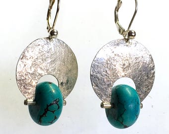 Fun Turquoise Rondelle Textured Sterling Silver Earrings by Craig A. Boisvert