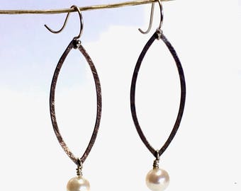 Sterling Silver ( Textured & Recycled ) Open Marquise Hoop Earrings with Freshwater Pearl Dangles