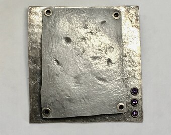 Abstract Pin/Brooch in Recycled Sterling Silver and Riveted Slumped Aluminum with Three Bezel Set Amethysts
